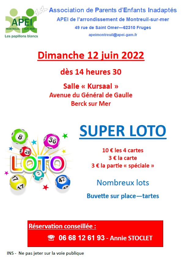 affiche loto APEI Montreuil le 12 juin 2022 à berck
